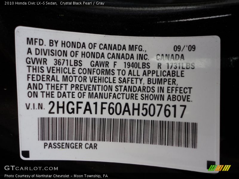 Crystal Black Pearl / Gray 2010 Honda Civic LX-S Sedan