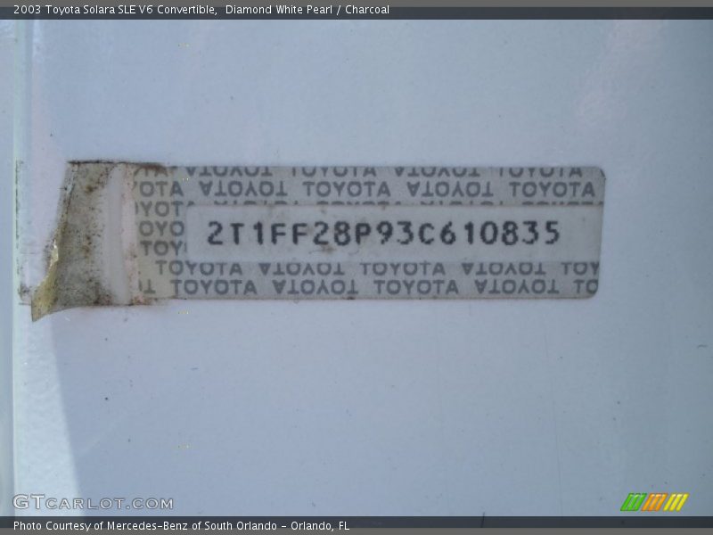 Diamond White Pearl / Charcoal 2003 Toyota Solara SLE V6 Convertible