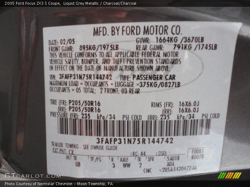 Liquid Grey Metallic / Charcoal/Charcoal 2005 Ford Focus ZX3 S Coupe