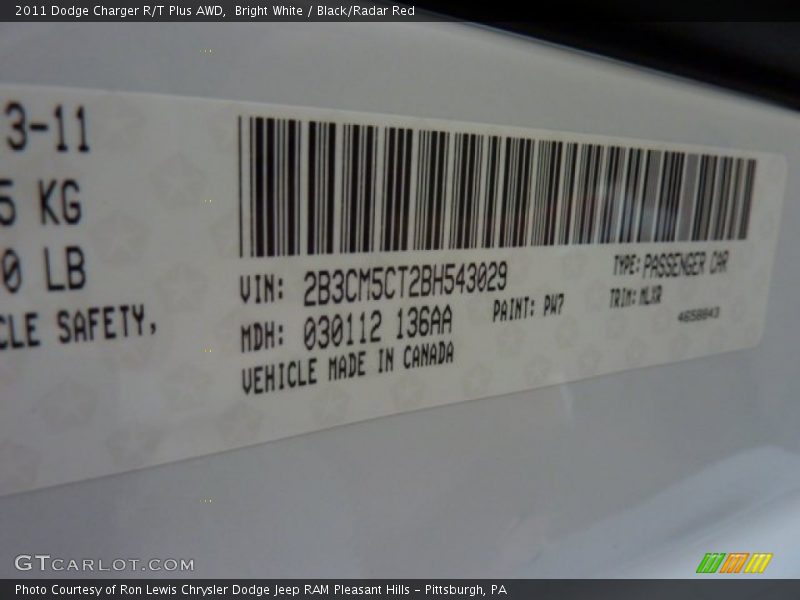 Bright White / Black/Radar Red 2011 Dodge Charger R/T Plus AWD