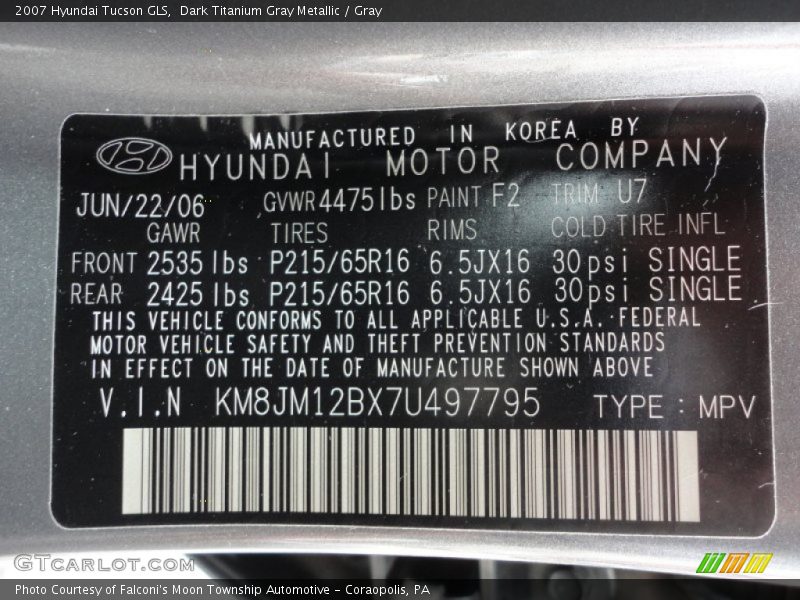Dark Titanium Gray Metallic / Gray 2007 Hyundai Tucson GLS