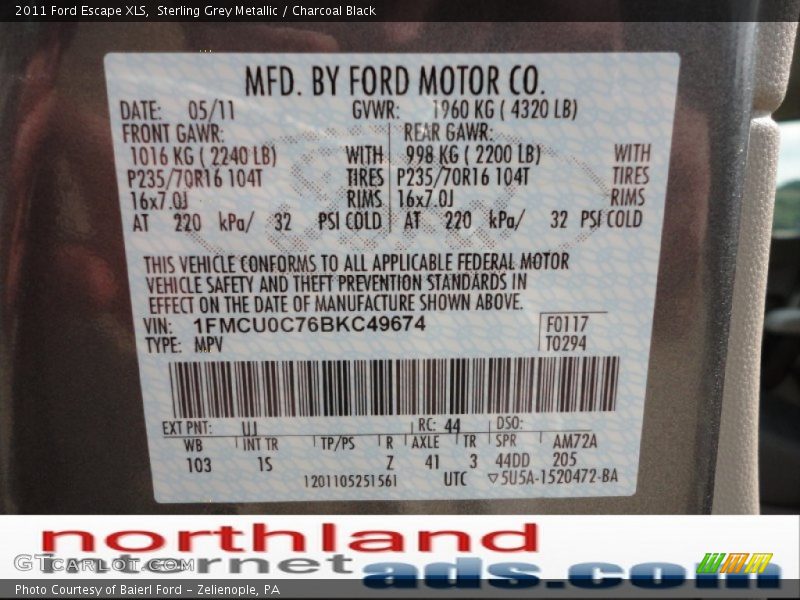 Sterling Grey Metallic / Charcoal Black 2011 Ford Escape XLS