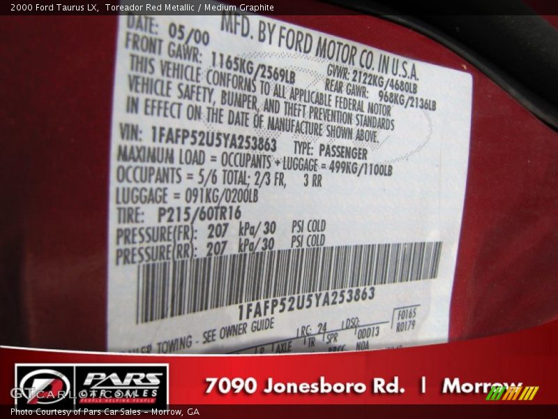 Toreador Red Metallic / Medium Graphite 2000 Ford Taurus LX
