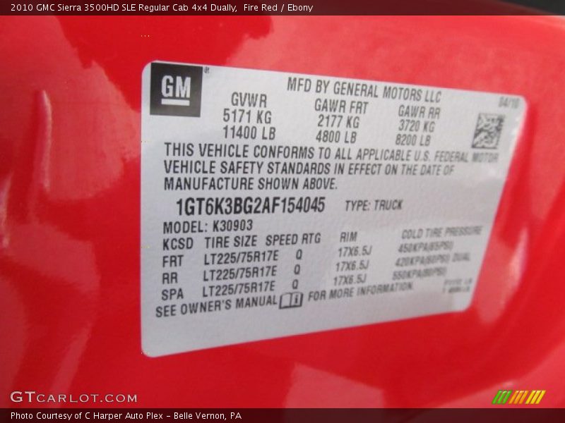 Info Tag of 2010 Sierra 3500HD SLE Regular Cab 4x4 Dually