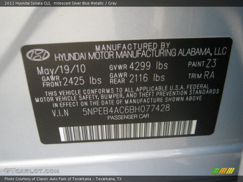 Iridescent Silver Blue Metallic / Gray 2011 Hyundai Sonata GLS