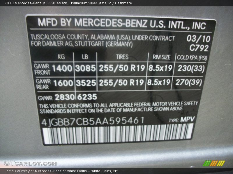 2010 ML 550 4Matic Palladium Silver Metallic Color Code 792