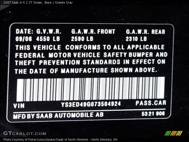 Black / Granite Gray 2007 Saab 9-5 2.3T Sedan