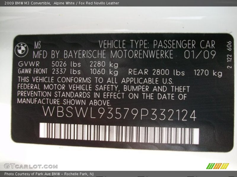 Info Tag of 2009 M3 Convertible
