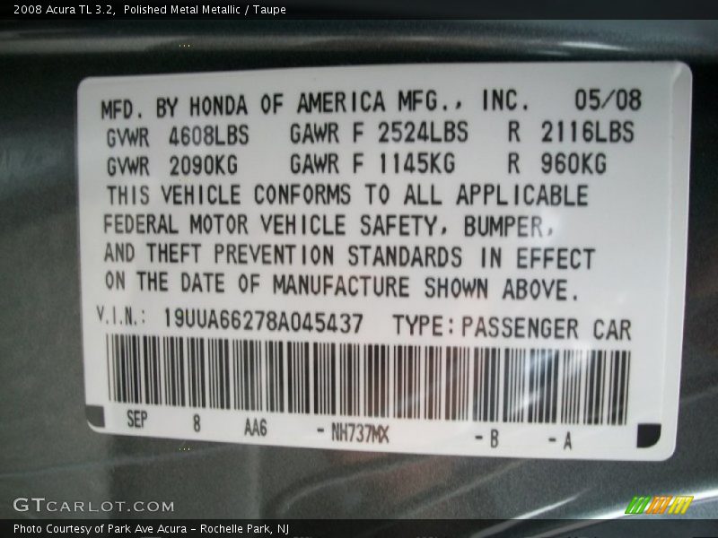 Polished Metal Metallic / Taupe 2008 Acura TL 3.2