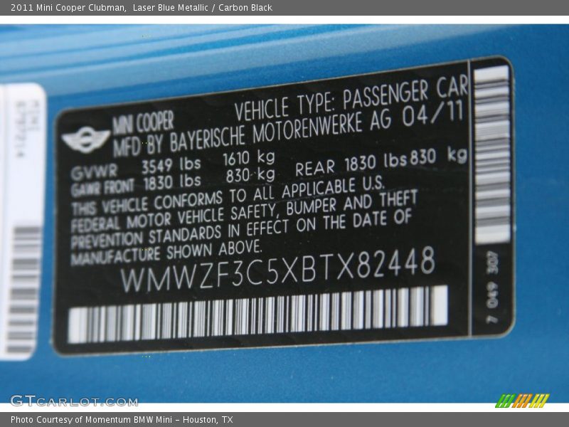 Laser Blue Metallic / Carbon Black 2011 Mini Cooper Clubman