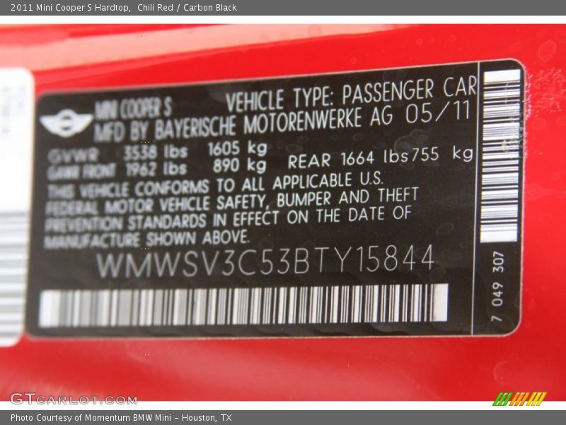 Chili Red / Carbon Black 2011 Mini Cooper S Hardtop