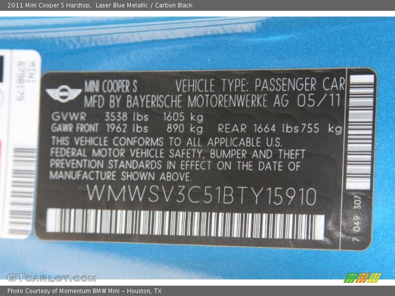 Laser Blue Metallic / Carbon Black 2011 Mini Cooper S Hardtop