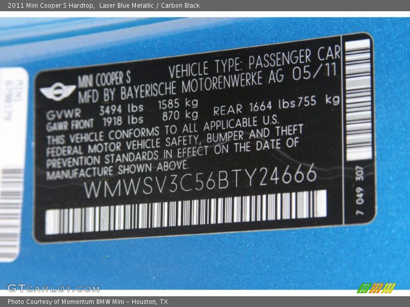 Laser Blue Metallic / Carbon Black 2011 Mini Cooper S Hardtop