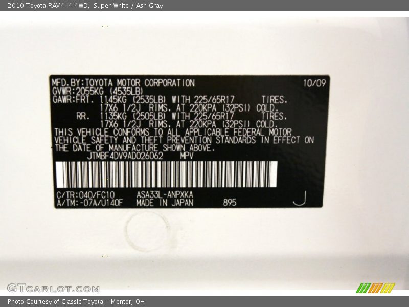 Super White / Ash Gray 2010 Toyota RAV4 I4 4WD