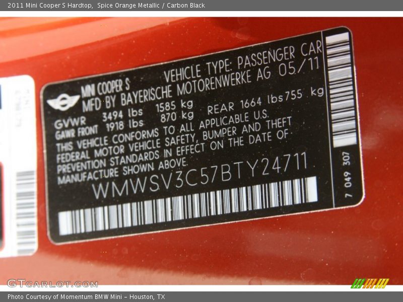 Info Tag of 2011 Cooper S Hardtop