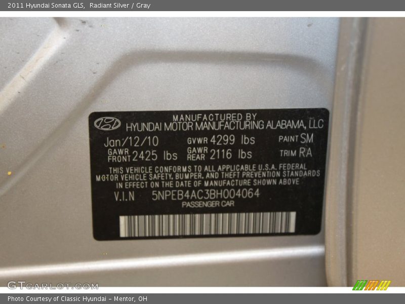 Radiant Silver / Gray 2011 Hyundai Sonata GLS