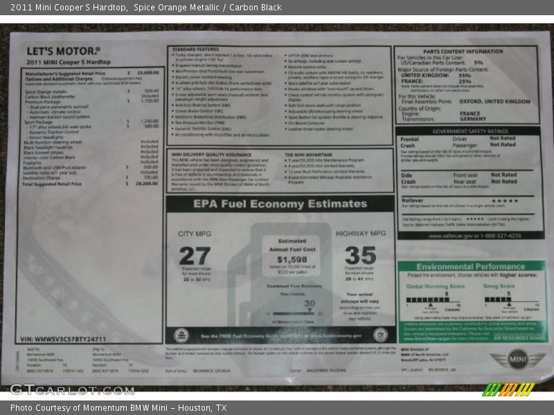  2011 Cooper S Hardtop Window Sticker
