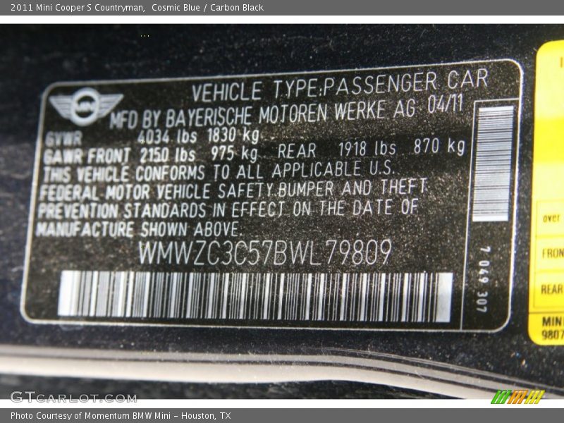 Cosmic Blue / Carbon Black 2011 Mini Cooper S Countryman
