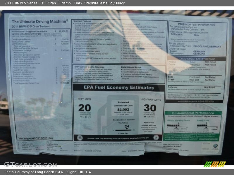  2011 5 Series 535i Gran Turismo Window Sticker