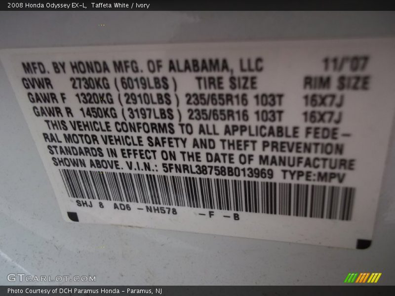 Taffeta White / Ivory 2008 Honda Odyssey EX-L