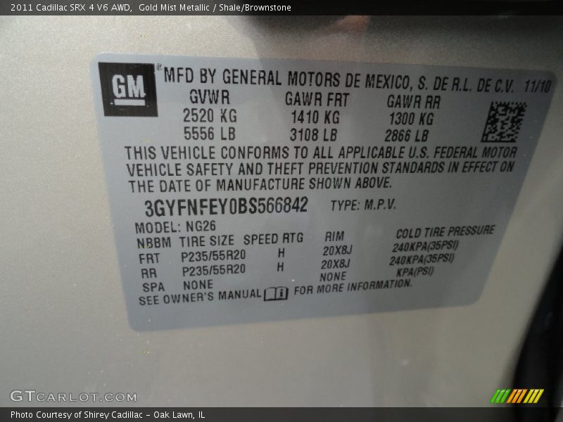 Info Tag of 2011 SRX 4 V6 AWD