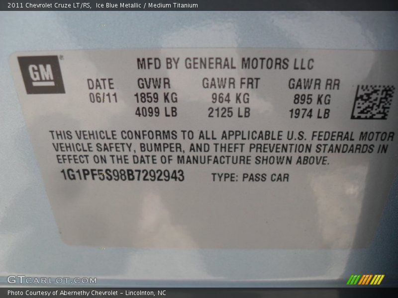 Ice Blue Metallic / Medium Titanium 2011 Chevrolet Cruze LT/RS