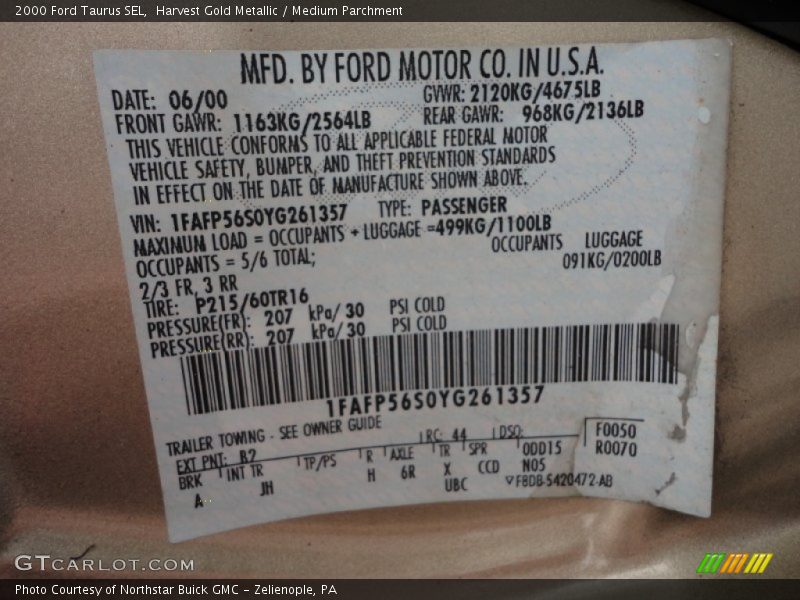 2000 Taurus SEL Harvest Gold Metallic Color Code B2