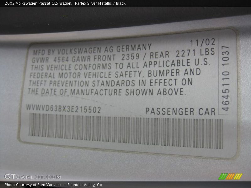 Reflex Silver Metallic / Black 2003 Volkswagen Passat GLS Wagon