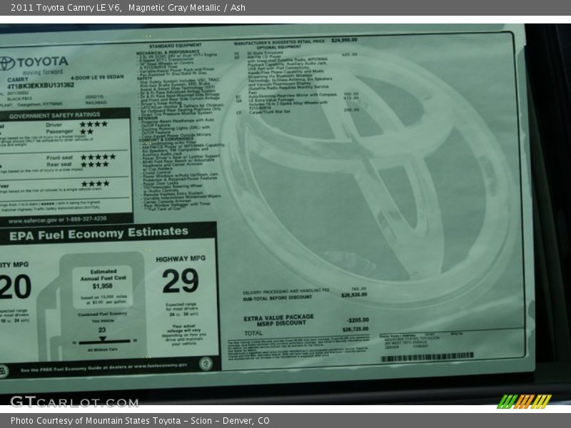 Magnetic Gray Metallic / Ash 2011 Toyota Camry LE V6