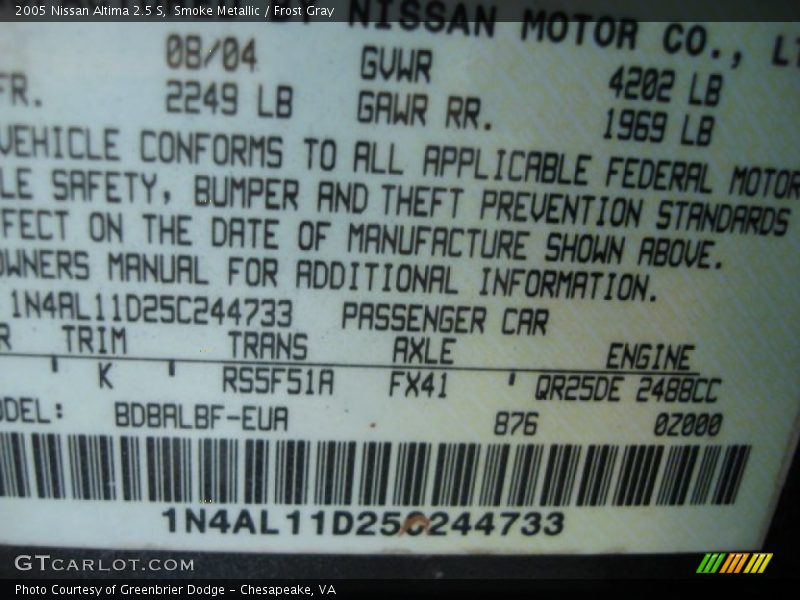 Smoke Metallic / Frost Gray 2005 Nissan Altima 2.5 S