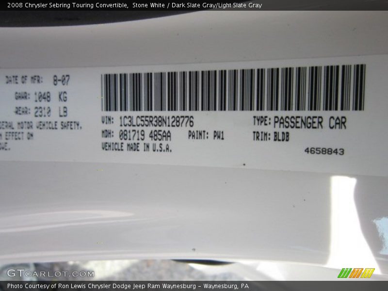 Stone White / Dark Slate Gray/Light Slate Gray 2008 Chrysler Sebring Touring Convertible