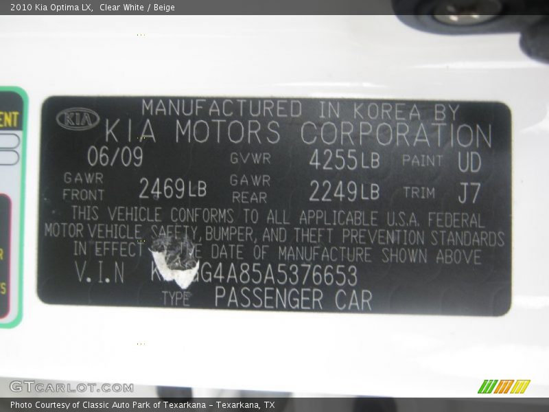 Clear White / Beige 2010 Kia Optima LX