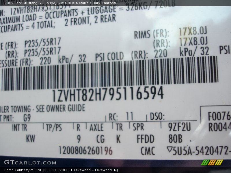 2009 Mustang GT Coupe Vista Blue Metallic Color Code G9