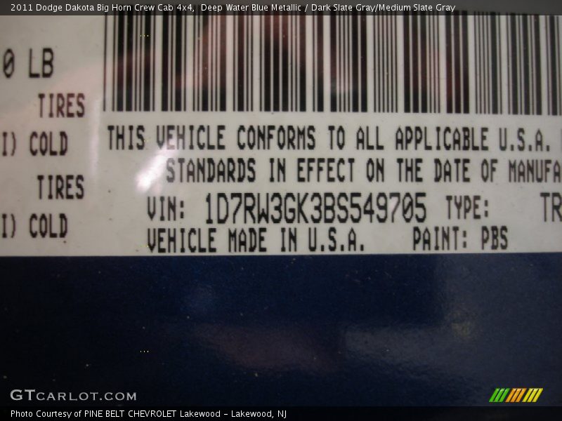 2011 Dakota Big Horn Crew Cab 4x4 Deep Water Blue Metallic Color Code PBS