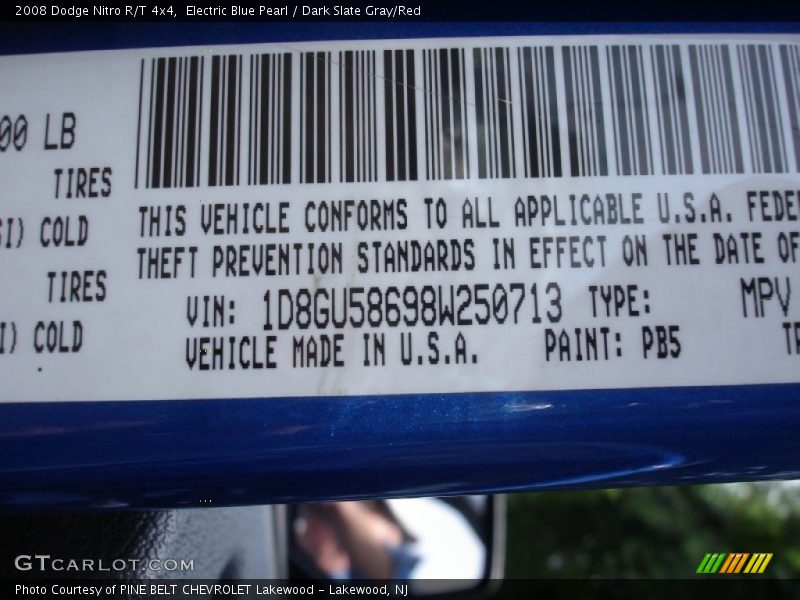 2008 Nitro R/T 4x4 Electric Blue Pearl Color Code PB5