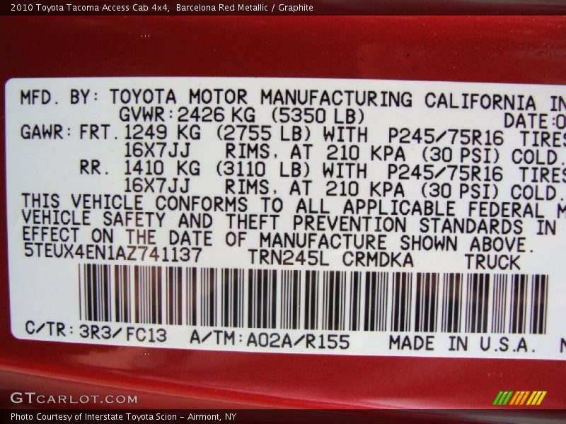 2010 Tacoma Access Cab 4x4 Barcelona Red Metallic Color Code 3R3
