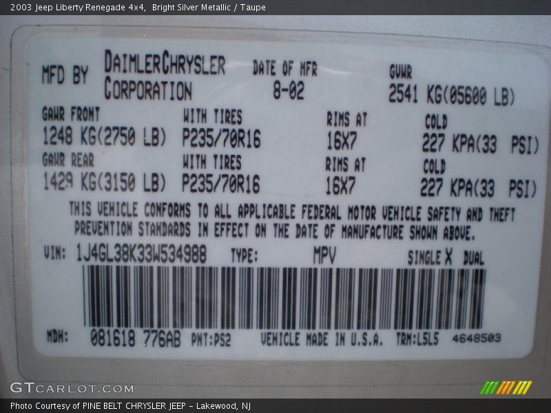 Bright Silver Metallic / Taupe 2003 Jeep Liberty Renegade 4x4