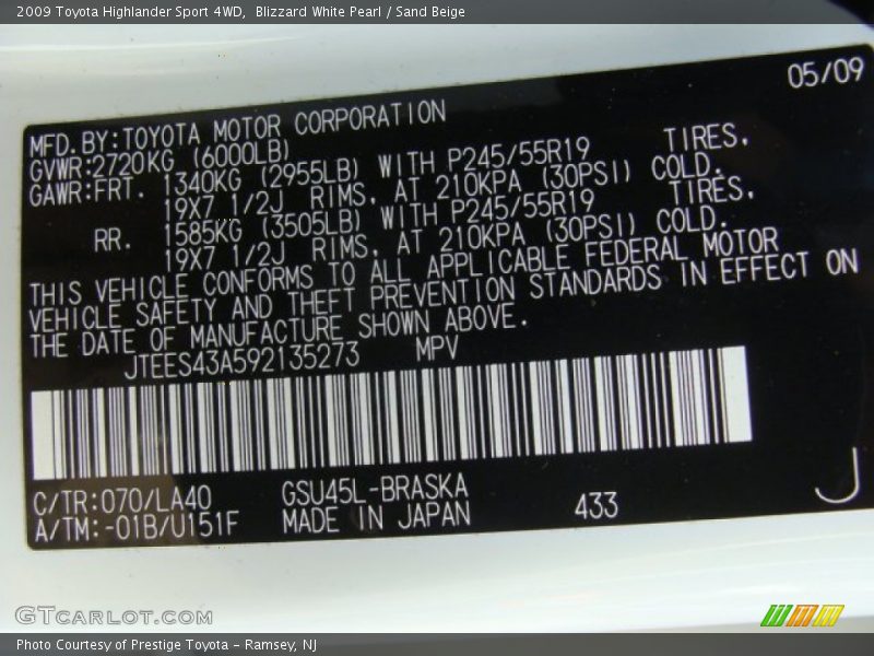Blizzard White Pearl / Sand Beige 2009 Toyota Highlander Sport 4WD