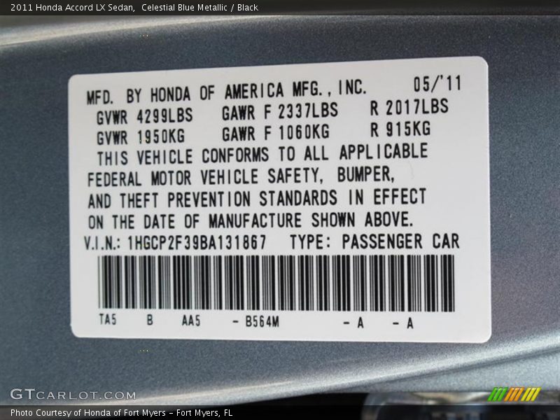 2011 Accord LX Sedan Celestial Blue Metallic Color Code B564M