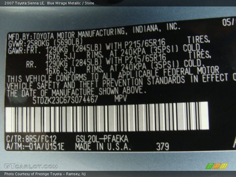 Blue Mirage Metallic / Stone 2007 Toyota Sienna LE