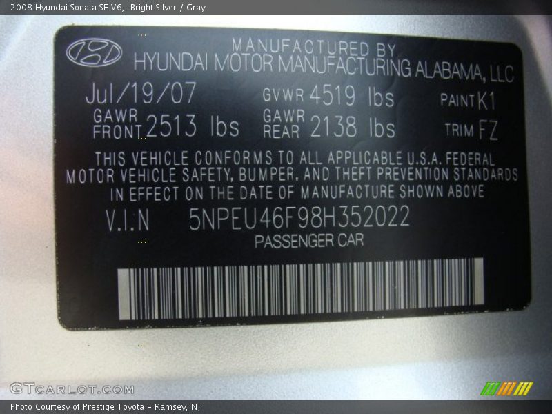 Bright Silver / Gray 2008 Hyundai Sonata SE V6