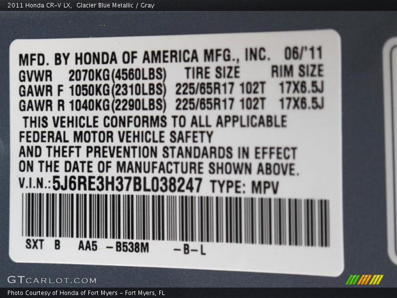 2011 CR-V LX Glacier Blue Metallic Color Code B538M