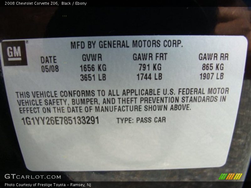 Info Tag of 2008 Corvette Z06