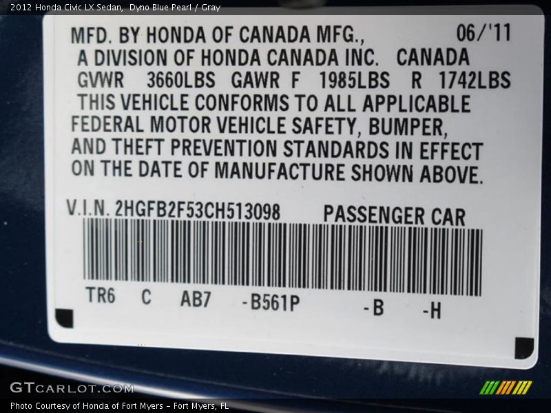 2012 Civic LX Sedan Dyno Blue Pearl Color Code B561P