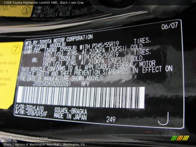 Black / Ash Gray 2008 Toyota Highlander Limited 4WD