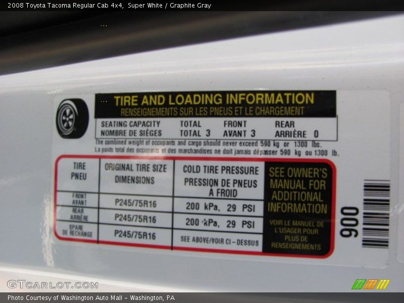 Info Tag of 2008 Tacoma Regular Cab 4x4