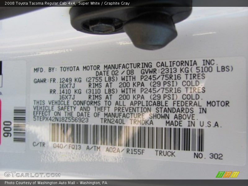 2008 Tacoma Regular Cab 4x4 Super White Color Code 040
