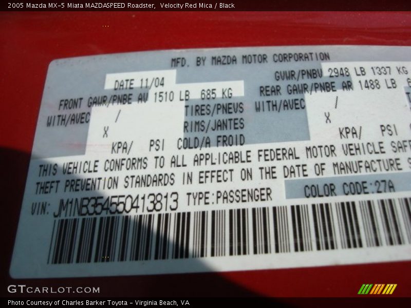 2005 MX-5 Miata MAZDASPEED Roadster Velocity Red Mica Color Code 27A