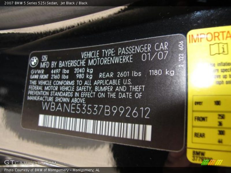 Jet Black / Black 2007 BMW 5 Series 525i Sedan