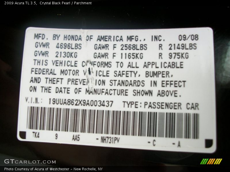 Crystal Black Pearl / Parchment 2009 Acura TL 3.5